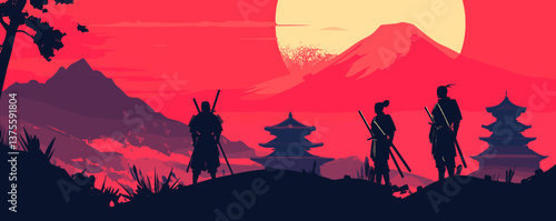 Samurai silhouettes at sunset with mount fuji and pagodas in background - vector.