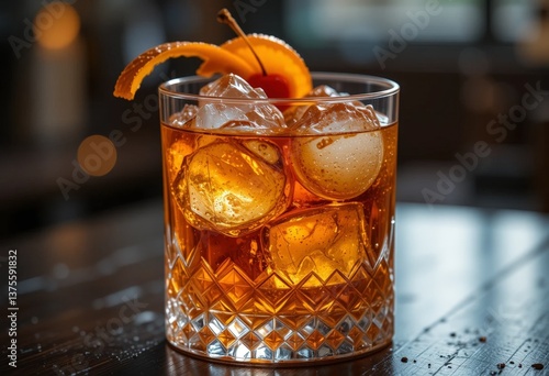 An Old Fashioned cocktail in a heavy crystal glass filled with ice, garnished with orange zest and a cherry, with warm, melancholic lighting