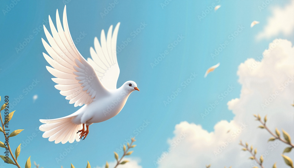 Obraz premium Peace dove in flight against blue sky, symbol of harmony