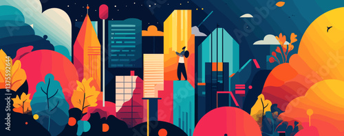Vibrant cityscape with person playing saxophone at night, modern urban art vector.