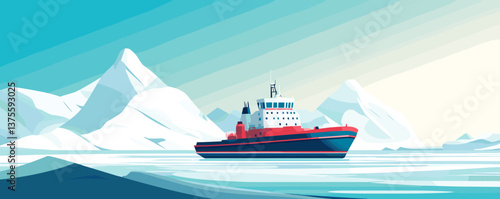 Icebreaker ship navigating arctic waters with majestic icebergs in the background - vector.