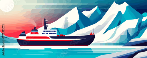 Icebreaker ship navigating icy waters near snowy mountains at sunset - vector.