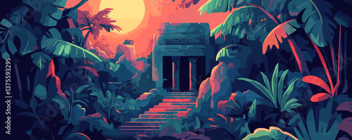 Ancient jungle temple at sunset with lush foliage and stairway - vector.