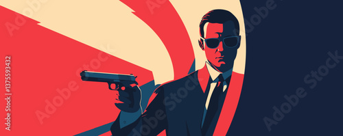 Secret agent in suit with gun in bold red and blue graphic art - vector.