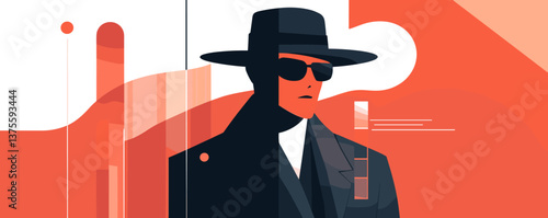 Mysterious man in hat and sunglasses with abstract red shapes, noir style - vector.