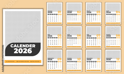 2026 Wall calendar design, 13  page design Template.