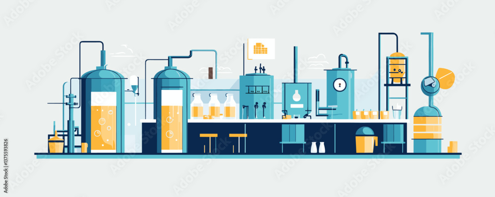 Fototapeta premium Modern industrial factory with machines and equipment for production and research - vector.