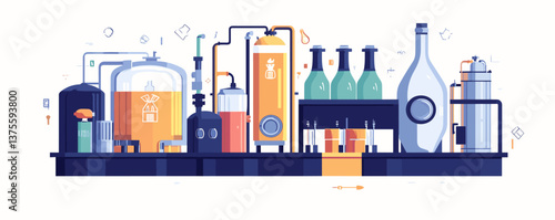 Detailed brewery equipment and bottling line in modern style - vector.
