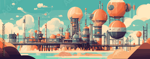 Futuristic mars colony with spheres and towers in a stylized landscape - vector.