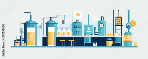 Modern industrial factory with machines and equipment for production and research - vector.