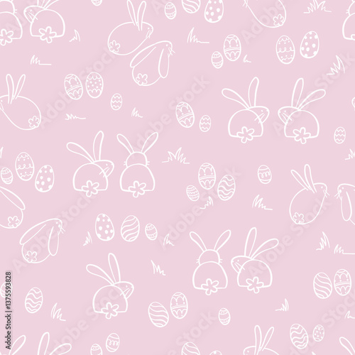 Cute and simple hand drawn Easter seamless pattern, line art bunnies and eggs - great for wrapping, gift bags, cloth, textiles - vector design