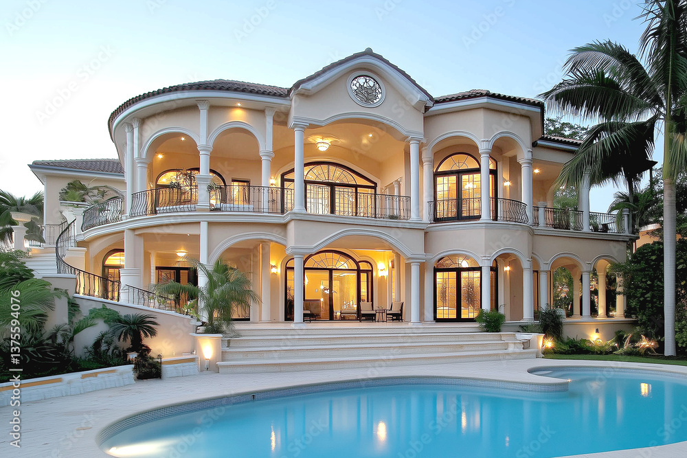 Fototapeta premium Elegant luxury mansion with pool surrounded by tropical palm trees and twilight glow