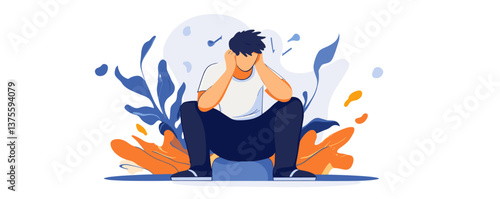 Sad young man sitting with head in hands surrounded by abstract shapes vector.