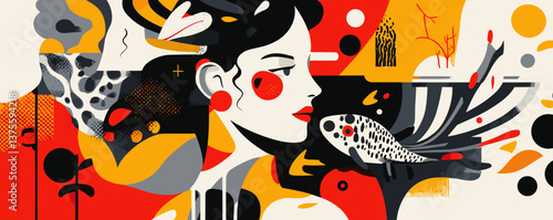 Abstract profile of woman and fish in bold geometric patterns and colors - vector.