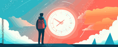 Man gazing at surreal sky with giant clock and colorful clouds, time concept - vector.