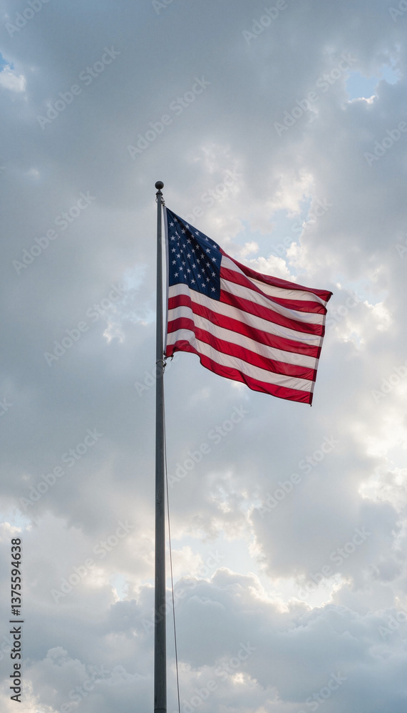 American flag waving gently against cloudy sky American flag waving gently against cloudy sky