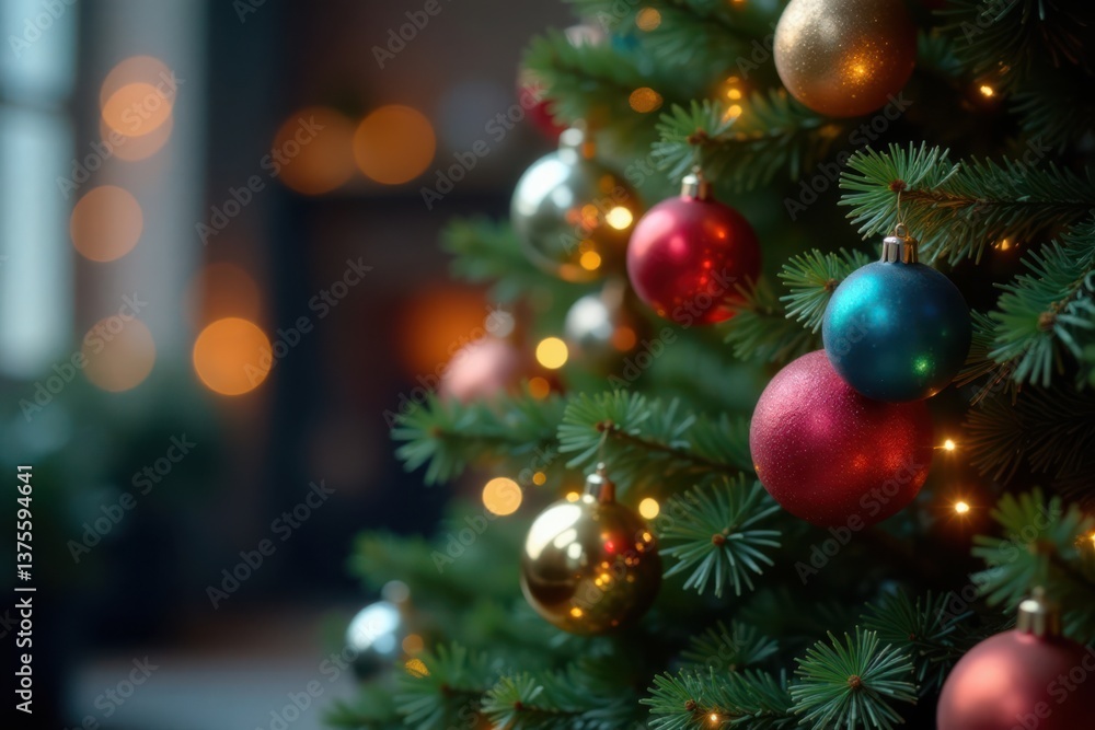 A majestic evergreen tree with multicolored glass balls and shimmering string lights, softly blurred for an ethereal glow, baubles, soft blur A majestic evergreen tree with multicolored glass balls and shimmering string lights, softly blurred for an ethereal glow, baubles, soft blur