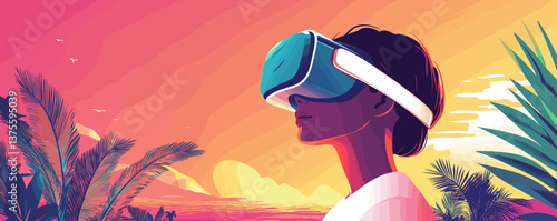 Futuristic technology concept with person using vr headset at tropical sunset scene - vector.