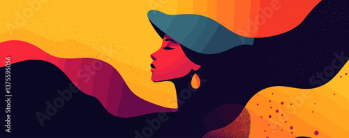 Abstract elegant woman with flowing hair and hat in vibrant colors - vector.