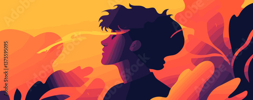 Silhouette of a dreamy person with wind and leaves in orange and yellow tones - vector.