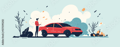 Person standing near modern red car in scenic landscape with clouds and trees - vector.