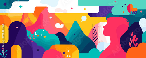 Colorful abstract landscape with silhouetted man and mountains in modern art style – vector.