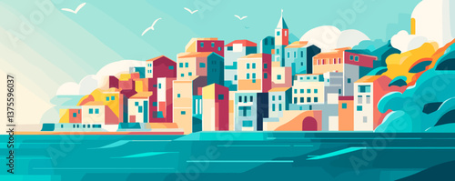 Colorful coastal townscape with seaside houses and tower under clear blue sky - vector.