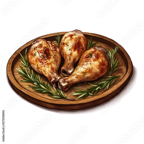 Raw chicken drumsticks on a wooden plate with rosemary, isolated on a white background.