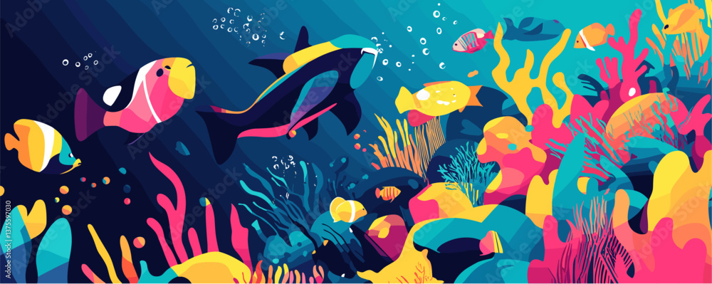 Obraz premium Colorful underwater scene with diverse marine life in coral reef - vector.