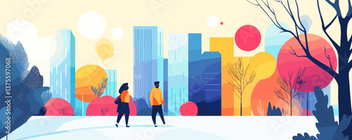 Abstract urban landscape with blue buildings and two people walking in park, colorful trees, vector.