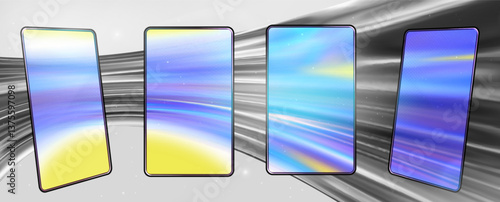 Holographic Phone Wallpapers. Glassmorphism screen smartphone. Transparent matt glass plates on the holographic blue texture. Phones glass  on the modern tech gray abstract background