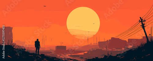 Lone figure in sunset overpost-apocalyptic cityscape with power lines and birds, silhouette vector.