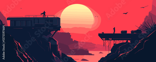 Dramatic sunset over futuristic landscape with silhouetted figures and buildings vector.