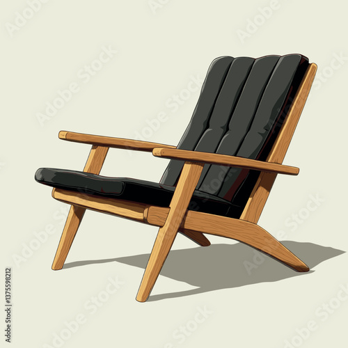 Elegant wooden lounge chair with black cushions in minimalist design