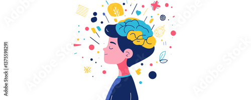 Creative mindfulness and imagination in a young boy's brain - colorful abstract art vector.