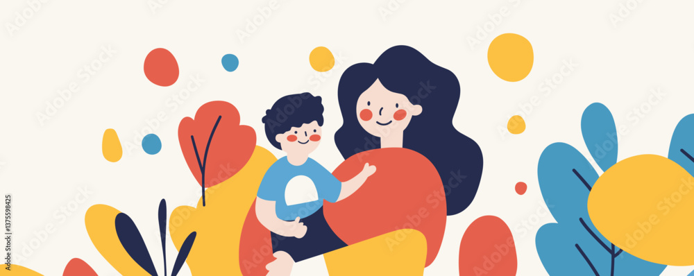 Happy mother and child surrounded by colorful abstract nature elements, vector. Happy mother and child surrounded by colorful abstract nature elements, vector.