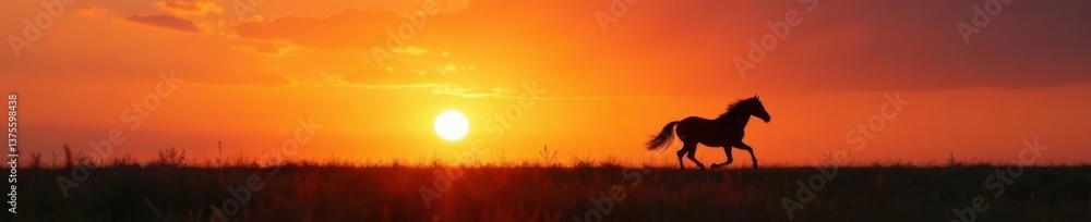 Dark horse silhouette running alone at sunrise, animal running, solo runner Dark horse silhouette running alone at sunrise, animal running, solo runner