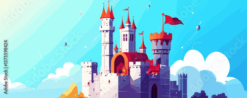 Majestic fantasy castle with red towers under blue sky - vector.