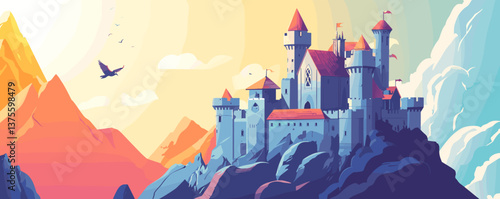 Majestic castle in mountain landscape with bird and sunset sky - vector.