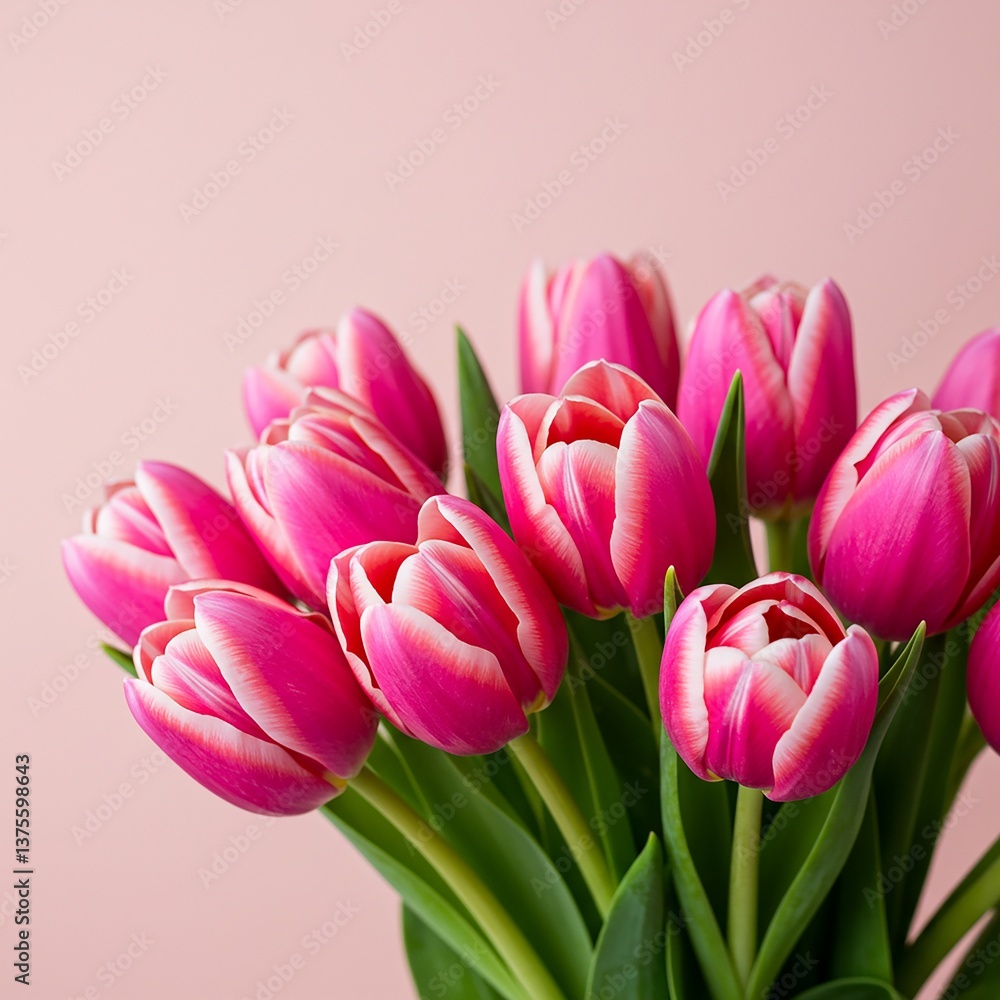 Naklejka premium Vibrant Pink and White Tulips Bouquet on Pink Background, Floral Photography, Spring Flowers.