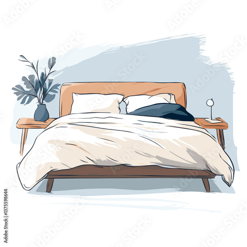 Cozy bedroom interior with wooden bed, bedding, and plants