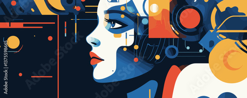 Futuristic female face with abstract circuit elements and geometric patterns, side view, digital art vector.