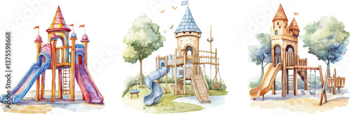 Watercolor playground with castle, slide and swings isolated on white background