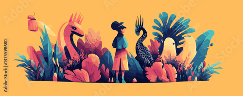 Tropical fantasy scene with exotic animals and girl in jungle setting, vibrant colors - vector.