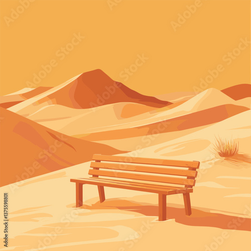 Desert scene with wooden bench on sand dunes under sunny sky