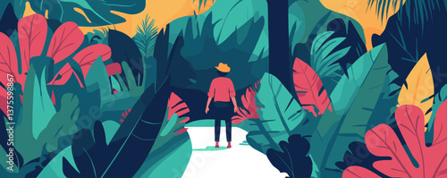Adventurer in lush jungle path surrounded by vibrant foliage at sunset, digital art vector.