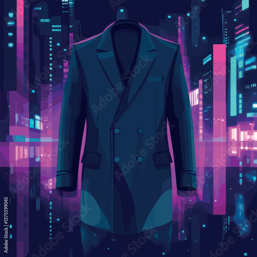 Futuristic double-breasted coat in neon cityscape