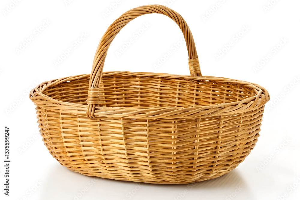 Fototapeta premium Woven wicker basket with handle traditional container for storage and carrying isolated on white background