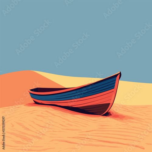 Lonely wooden boat in desert landscape under clear sky