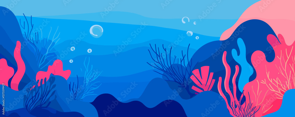 Fototapeta premium Colorful underwater coral reef with marine plants and bubbles - vector.